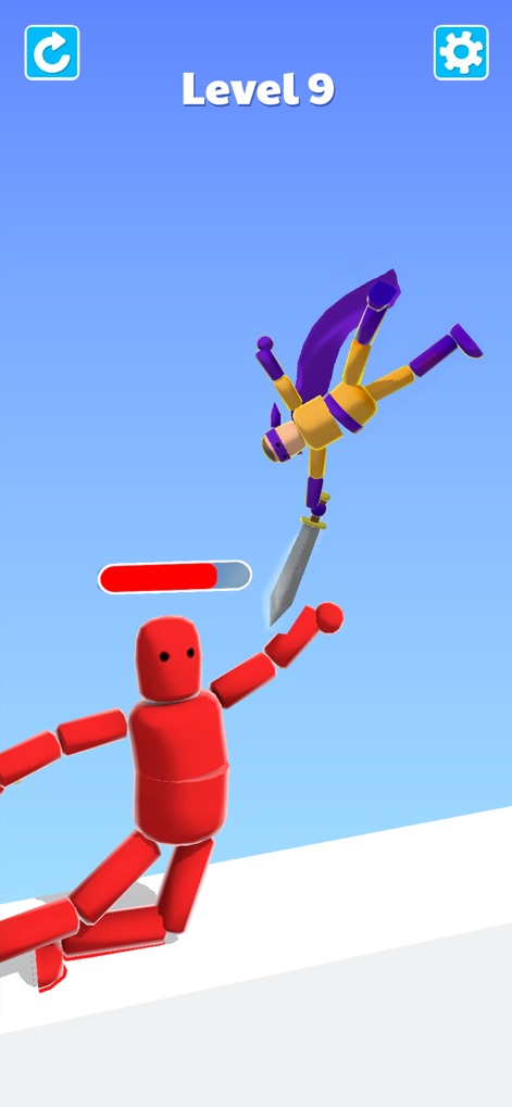 Ragdoll Ninja: Imposter Hero - This view highlights the critical hit feedback through health bar depletion and the precise sword swing of the ninja against a formidable foe.