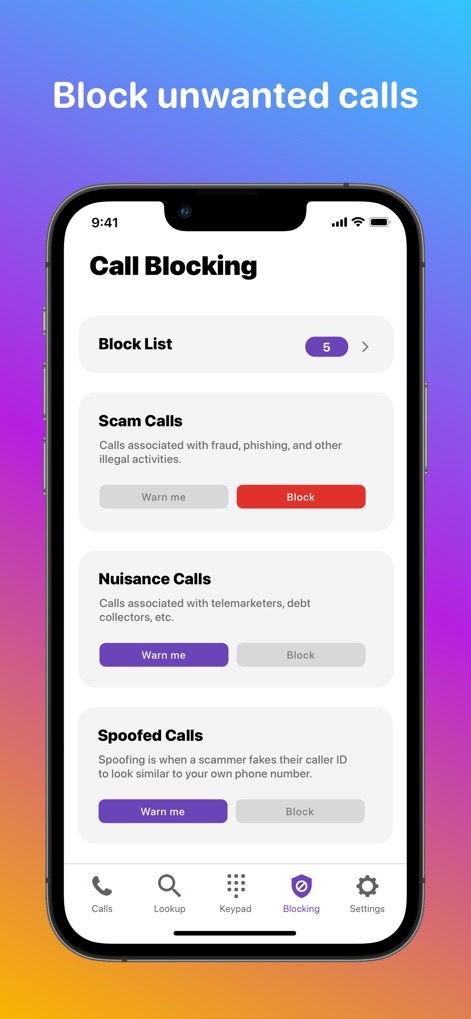Hiya: Spam Blocker & Caller ID - Users can effectively manage unwanted calls through clearly categorized call types like "Scam Calls" and "Nuisance Calls", each offering immediate "Warn me" or "Block" actions.
