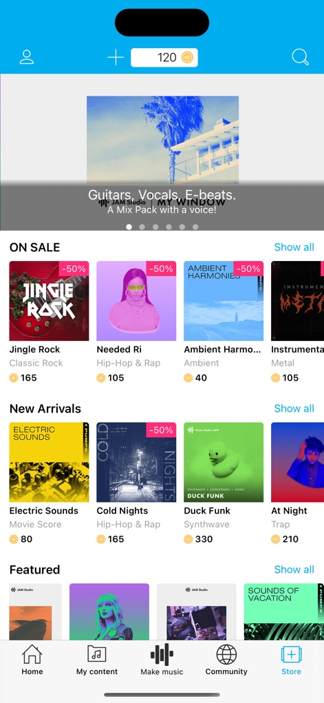 Music Maker JAM - Discover an extensive in-app store, featuring a wide array of Mix Packs with appealing cover art and clearly displayed virtual currency prices, often with tempting discounts.