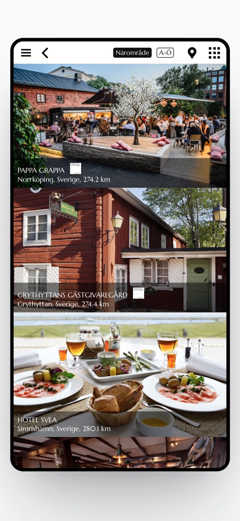 RestaurangGuiden's Gift Card - Discover top-tier establishments in proximity through the list view, often highlighted with prestigious accolades like the White Guide badge.