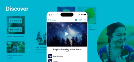 Gospel Living - L'application propose un flux "Découverte" riche en ressources, présentant des "playlists vidéo thématiques" pour l'édification et des "suggestions d'activités" pour le service.