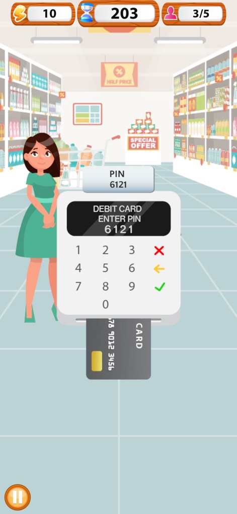 Supermarket Cashier Simulator - The game simulates secure credit card payments, including a detailed PIN entry keypad and a visual credit card slot.