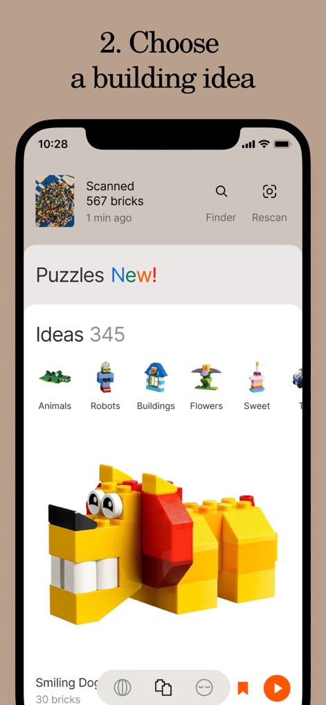 Brickit App - Users can browse an extensive library of ideas, categorized by themes like animals and robots, to find their next construction project.