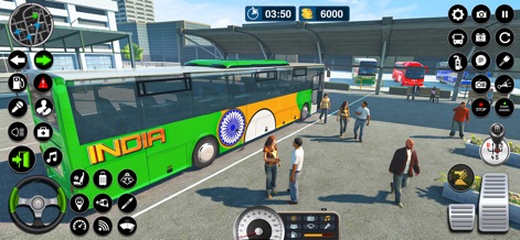 Bus Games: Coach Simulator 3D - La aplicación presenta un servicio de transporte público eficaz, visible en el diseño regional del autobús 'INDIA' y la arquitectura detallada de la estación, que proporciona un punto de partida y llegada realista para los usuarios.