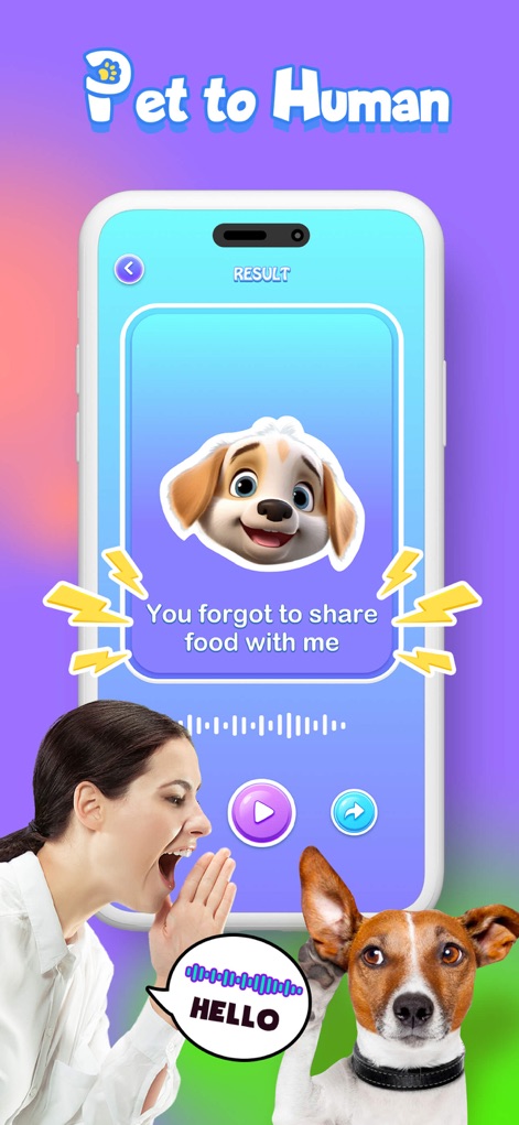 PawsTalk: Pet Translator - Questa schermata illustra la funzionalità "Pet to Human", mostrando una donna che parla nel telefono mentre l'app visualizza il messaggio tradotto "You forgot to share food with me" dal punto di vista dell'animale domestico.
