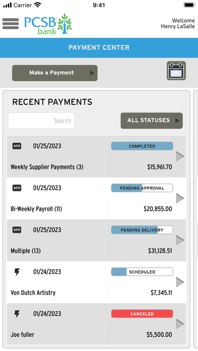 PCSB Bank Cash Management Screenshot