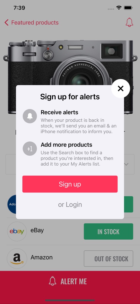 HotStock - in-stock alerts - Initiate immediate stock notifications by interacting with the prominent 'Sign up for alerts' modal, which offers options to 'Receive alerts' and 'Add more products' to a custom watchlist.