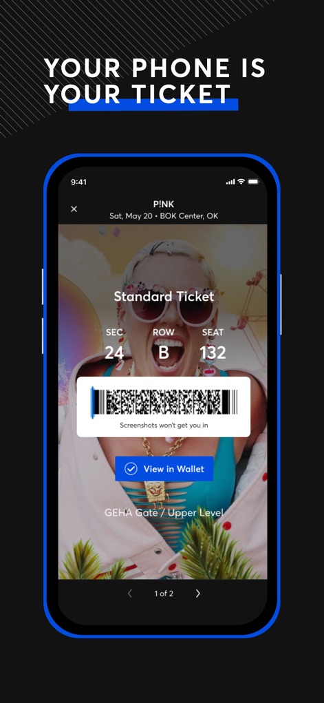 Ticketmaster－Buy, Sell Tickets - イベントへのスムーズな入場を可能にします。この画面では、アーティスト「P!NK」のライブチケット詳細がバーコードとともに表示され、座席情報（セクション24、列B、座席132）と「View in Wallet」オプションが確認できます。