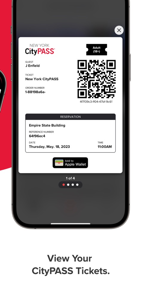My CityPASS - Los boletos digitales son accesibles directamente en la aplicación, mostrando un código QR de entrada y ofreciendo la opción de añadirlos a Apple Wallet para mayor comodidad.