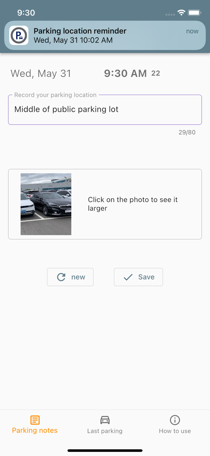 Reminder parked car location