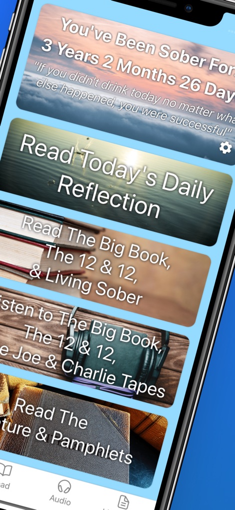 Everything AA - Users can monitor their journey with the prominent 'Sobriety Counter' and quickly access resources like 'Today's Daily Reflection' directly from the main screen.