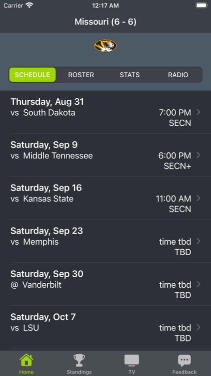 Missouri Football Schedules