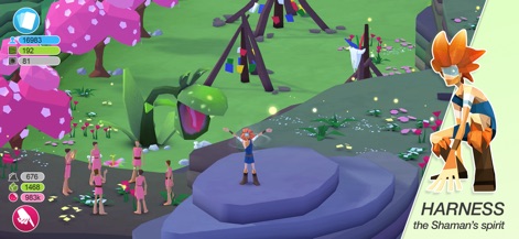 Godus - This image reveals the mystical side of the game, highlighting the shaman character commanding attention from followers and the intriguing giant plant creature.
