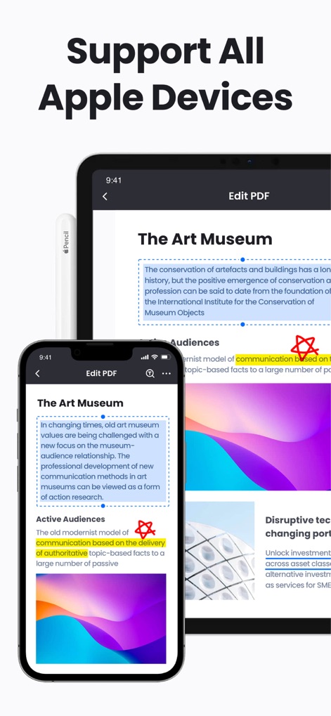 PDF Reader & PDF Editor - The app demonstrates full compatibility across Apple devices, showcasing its optimized interface on both iPhone and iPad screens.