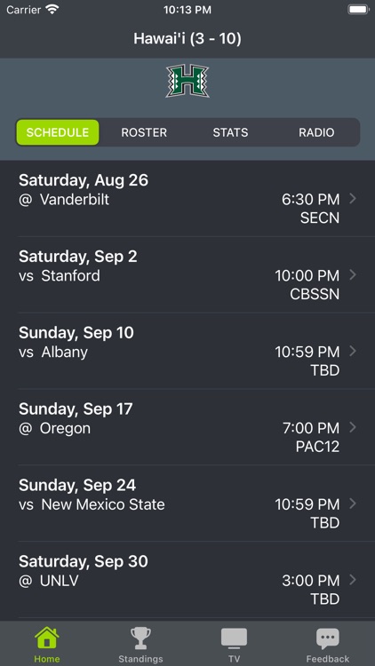 Hawaii Football Schedules