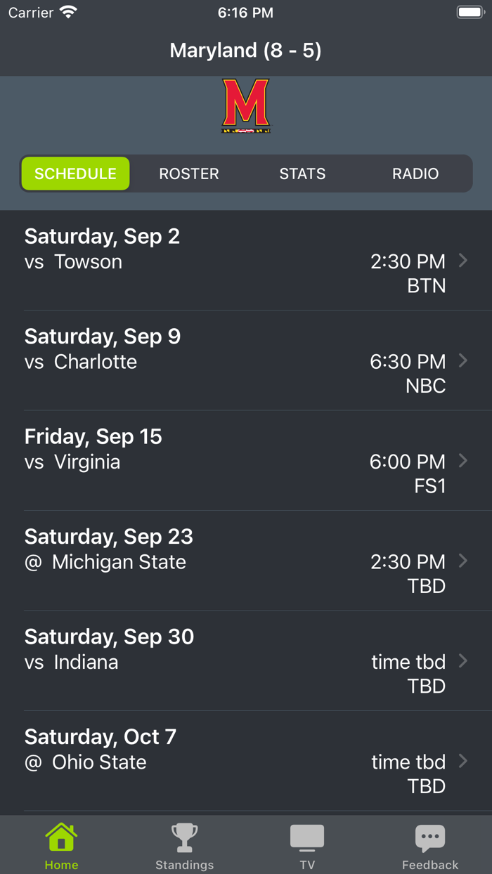 Maryland Football Schedules