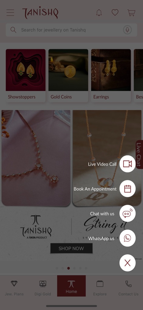 Tanishq (A TATA Product) - This tool offers immediate assistance through its "How can I help you?" chat bubble and expanded communication options for "Live Video Call" and "WhatsApp us."