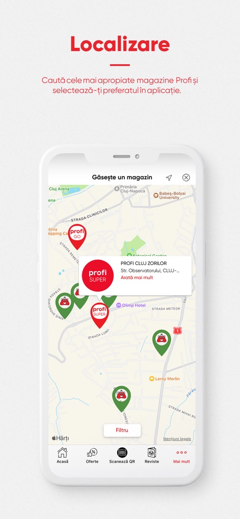 Profi - Effortlessly locate nearby Profi stores using the integrated map, displaying store pins and detailed information for selected locations.