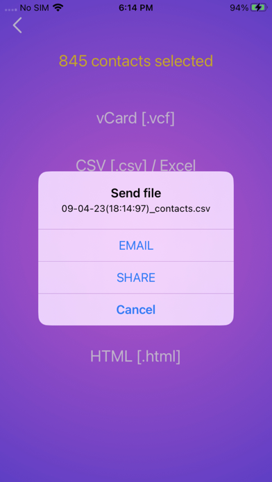 contacts to pdf, xlsx, vcf Screenshot