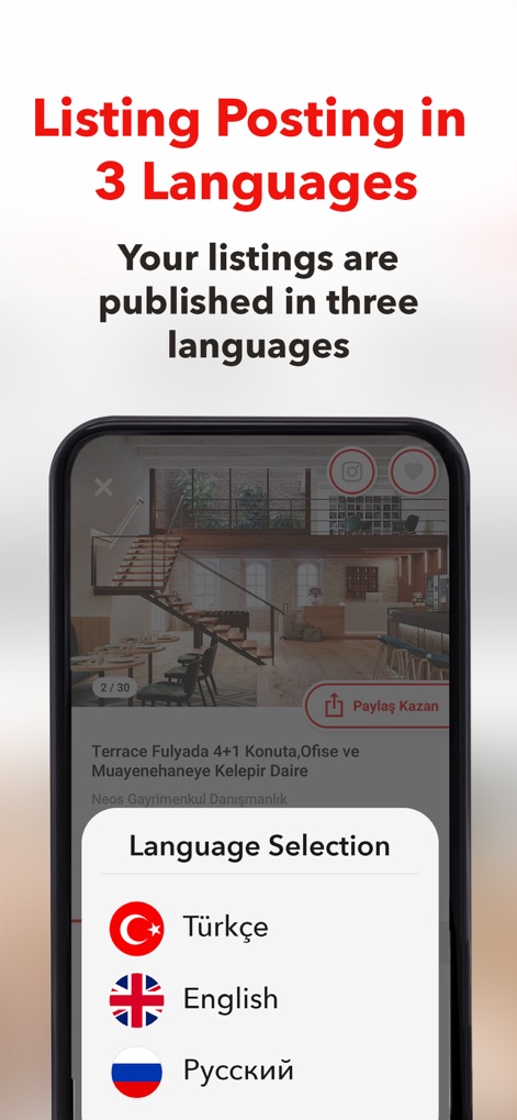 Hepsiemlak – Property Listings - Expand reach globally with the multi-language publishing option, allowing listings to be automatically displayed in 'Türkçe,' 'English,' and 'Русский'.