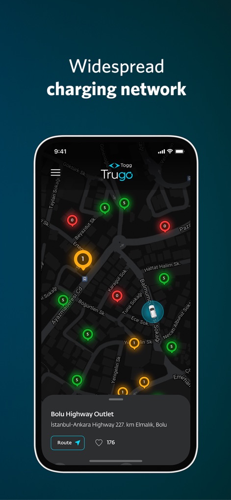 Trugo - This interactive map visually represents the extensive charging station network and indicates real-time availability using color-coded markers.