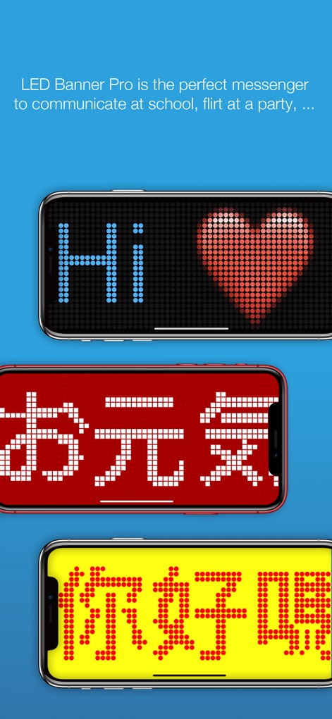 LED Banner Pro: Marquee maker - This tool transforms messages and emojis into vibrant LED banners, showcasing diverse language support and striking color combinations across various screen examples.