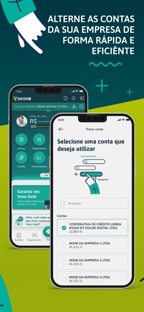 Sicoob - Business users can quickly switch between different company accounts via a dedicated selection screen, and the main dashboard visibly displays the currently active corporate account for seamless management.