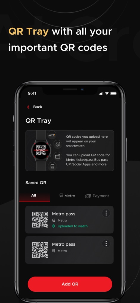 boAt Crest - Examine the app's QR Tray functionality, allowing users to save and view multiple QR codes like a Metro pass.
