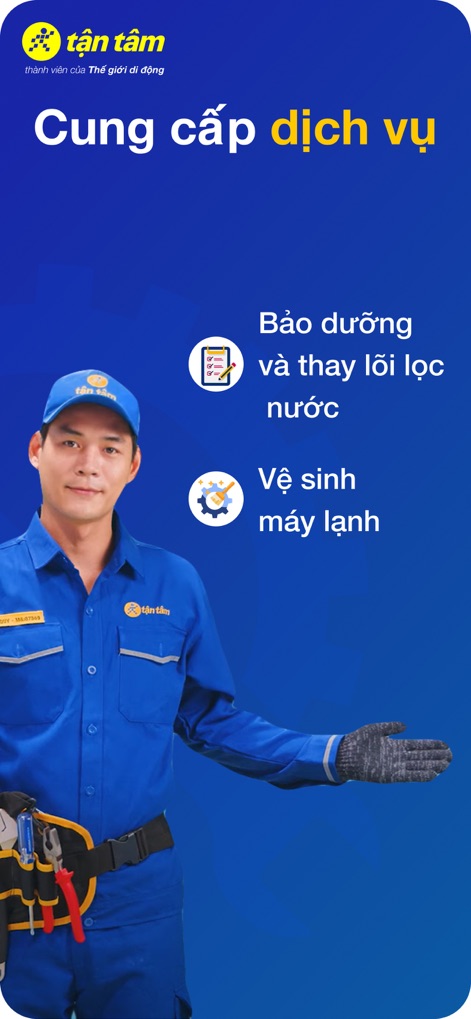 Thợ Tận Tâm - Explore the range of essential home services, clearly displayed with icons for convenient water filter maintenance and professional air conditioner cleaning.