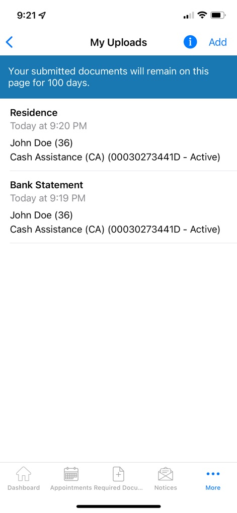 NYC ACCESS HRA - This screen allows users to track their submitted documents, listing specific items like 'Residence' and 'Bank Statement' with their respective upload times.