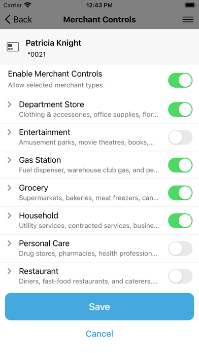 Bossier Federal Card Control Screenshot