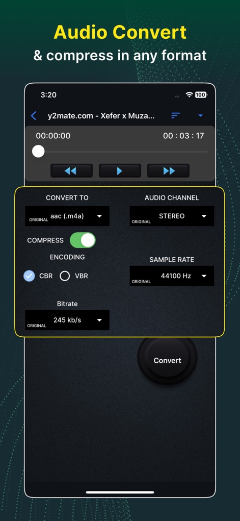 Video Converter and Compressor - O aplicativo permite a conversão de áudio, com opções para definir o "Audio Channel" como estéreo e escolher entre "Encoding" CBR ou VBR para otimizar o tamanho do arquivo.
