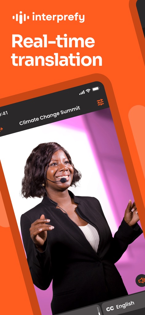 Interprefy - L'app offre traduzione in tempo reale per eventi dal vivo, come evidenziato dalla dicitura 'Real-time translation' e dal titolo 'Climate Change Summit' visualizzato in alto.