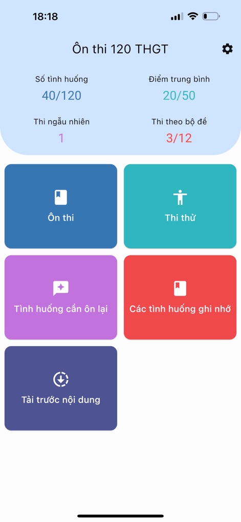 Ôn 120 mô phỏng THGT v2.0.0 - アプリは、現在の学習状況を明確に表示する進捗トラッカーと、練習や模擬試験のための整理されたカテゴリ別オプションを提供し、ユーザーの効率的な学習を支援します。