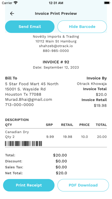 Otrack Invoice Screenshot