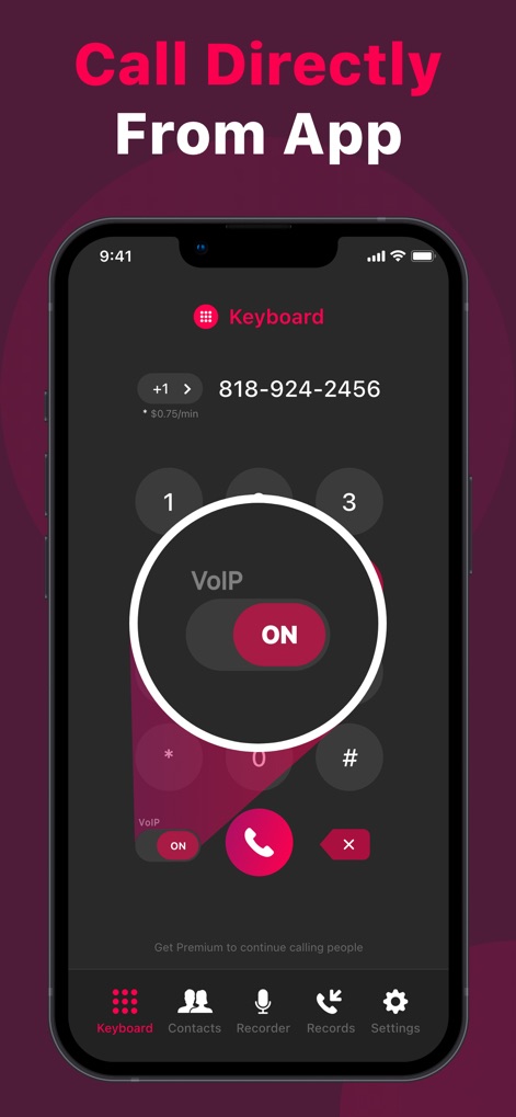 Call Recorder - Phone ACR - The app provides a direct dialing keypad for making calls, clearly showing the VoIP 'ON' toggle and per-minute cost information for transparent communication.