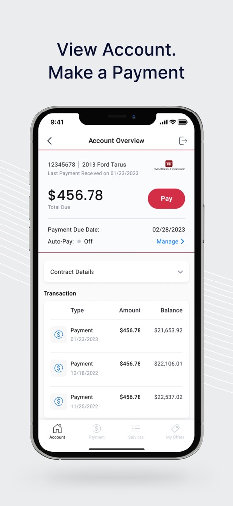 Westlake MyAccount - The app presents a clear account overview, showcasing the total due amount prominently and a comprehensive transaction history for meticulous tracking.