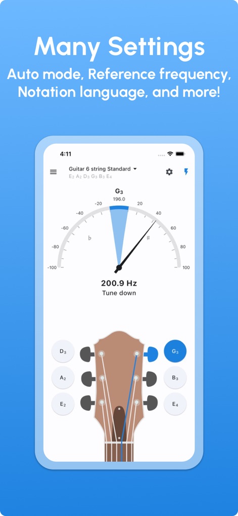 Guitar Tuner - LikeTones - Cet outil offre une multitude de paramètres, avec une échelle de déviation détaillée et des instructions claires d'accordage (ex: "Tune down"), permettant une personnalisation approfondie.