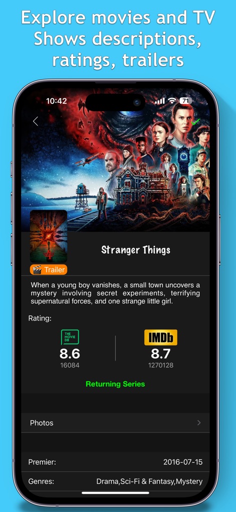 My Movies & TV Shows Watchlist - この表示では、映画やテレビ番組の包括的な詳細情報が提供されており、「Stranger Things」のポスターと、TMDBおよびIMDbの評価スコアの両方を確認できます。