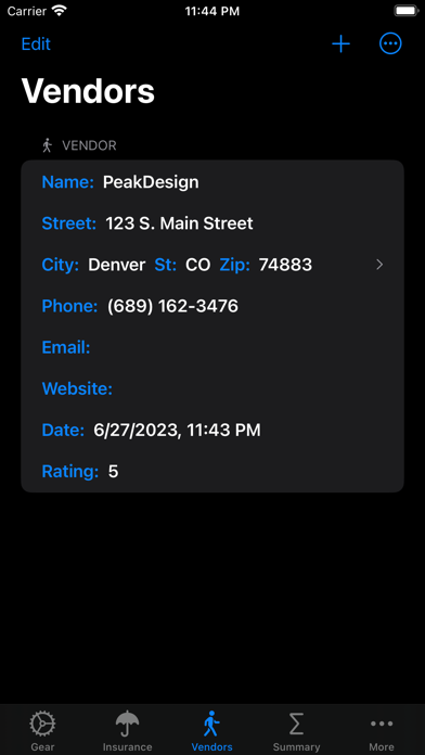 Photo Gear Database Screenshot