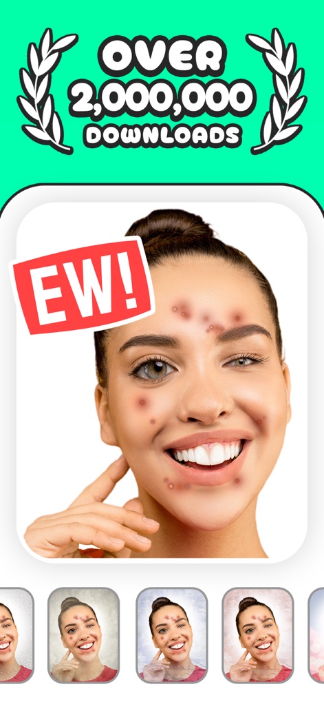 What Will I Look Like Old Face - Explore the app's humorous 'ugly photo' feature, allowing users to apply exaggerated skin imperfections like acne alongside playful on-screen graphics such as the prominent 'EW!' sticker.