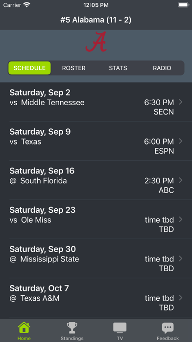 Alabama Football Schedules Screenshot