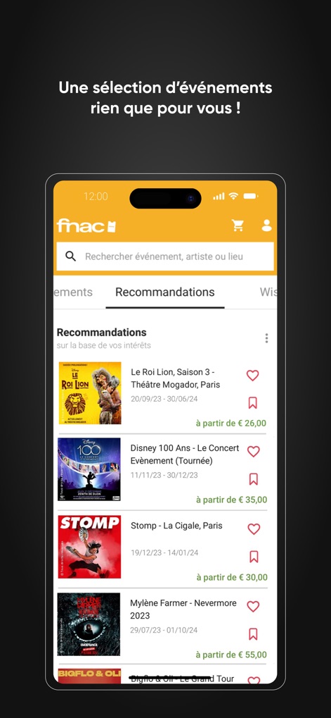 Fnac Spectacles - This tool intelligently curates a dynamic list of personalized recommendations, complete with clear pricing and convenient save icons for future reference.