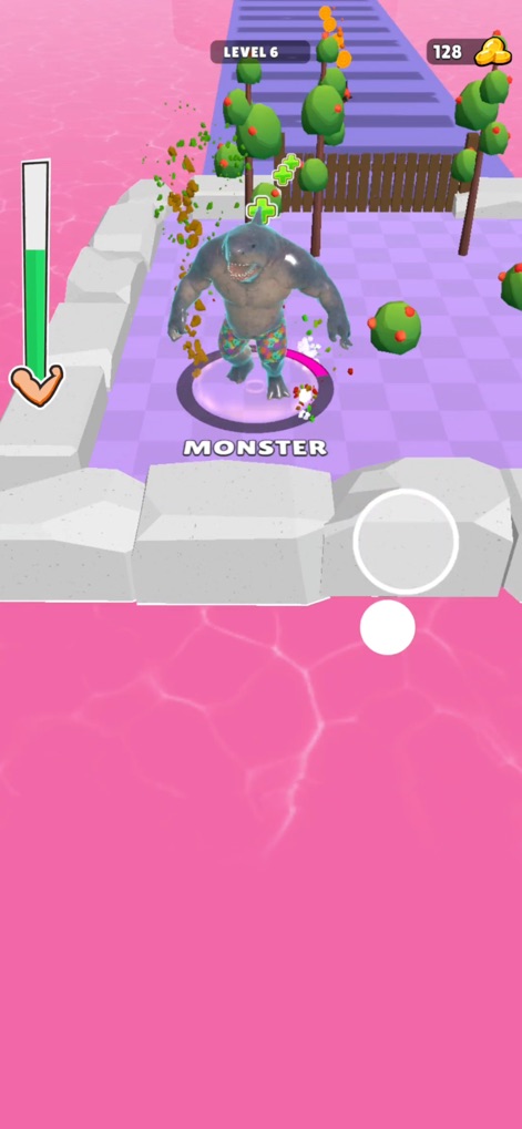 Monster Evolution! - Se observa la forma "MONSTER" del tiburón, mostrando su capacidad de devastación al destruir las figuras blancas, y el contador "LEVEL 6" indicando un avance significativo en la partida.