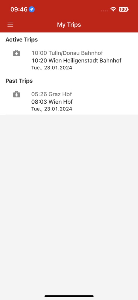 ÖBB Scotty - The app efficiently categorizes "Active Trips" and "Past Trips," providing an organized view of all planned and completed journeys with their respective dates.