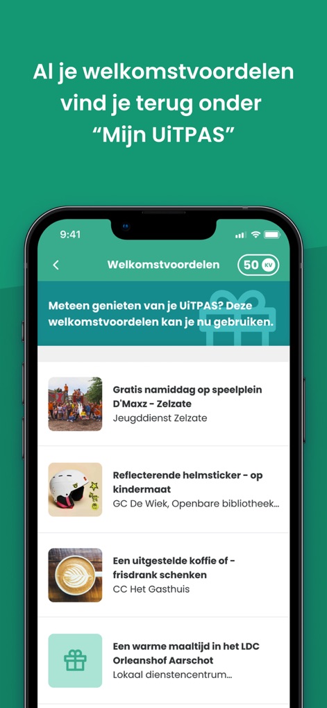 UiTPAS App - Sotto la voce "Welkomstvoordelen" (vantaggi di benvenuto), l'app mostra un elenco di bonus immediati, tra cui un "parco giochi" e la possibilità di ottenere un "caffè omaggio".