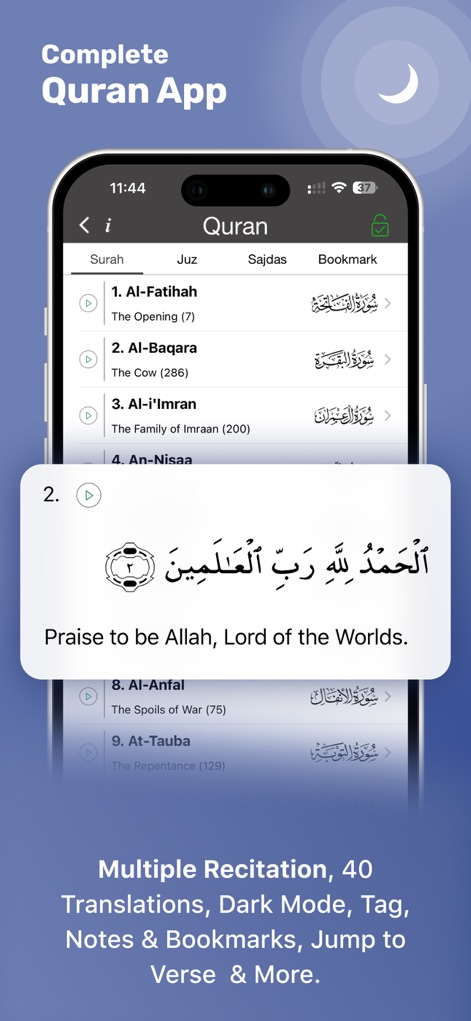Islamic Calendar & Prayer Apps - Explore the app's dedicated Quran section, featuring an organized list of Surahs for easy navigation and a detailed individual verse display with translation for in-depth study.
