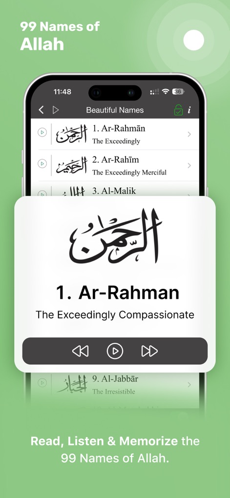 Islamic Calendar & Prayer Apps - Discover the 99 Names of Allah through an interactive list, complete with Arabic script, English translations, and an audio recitation feature for memorization.