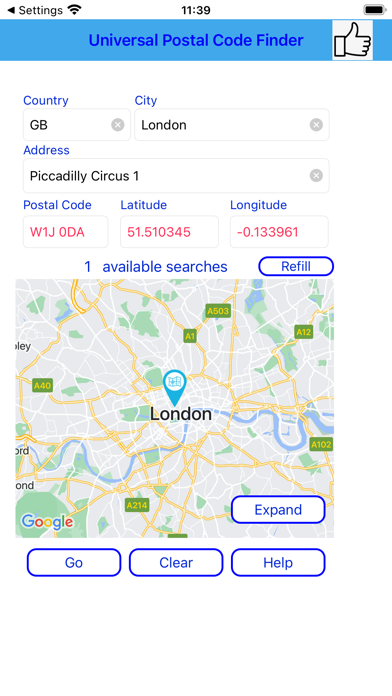 Universal Postal Code Finder Screenshot