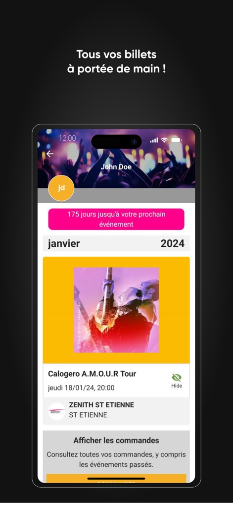 Fnac Spectacles - The app provides a central hub for all user tickets, featuring a helpful countdown to upcoming events and direct access to view past orders.